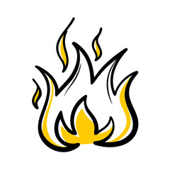 Illustration of a stylized flame with yellow fill and black outline on a white background image art