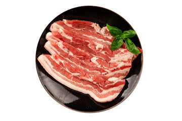 Bacon slice lard with meat slices pieces pork tenderloin portion size natural product tasty snack fresh delicious gourmet food background on the table rustic top view copy space