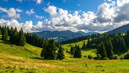 Lush mountain meadow under a dramatic sky