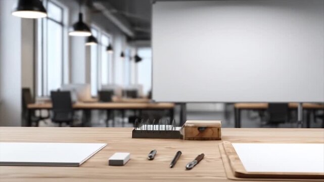 Empty workspace desk with blank paper and drawing supplies in a modern office setting.