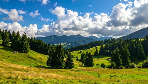 Mountain Summer Landscape Pine Trees On Hillside Under Sky With