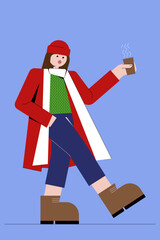 Woman walking in a coat, hat with scarf holding hot coffee cup. Vector autumn, winter illustration in blue, red, green colors.
