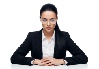 Determined Businesswoman Concentrates Seriously Focused Emotionally Intense Isolated on Transparent Background