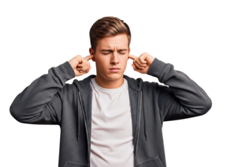 Young man covering ears unable to hear expressing frustration and annoyance isolated on transparent background