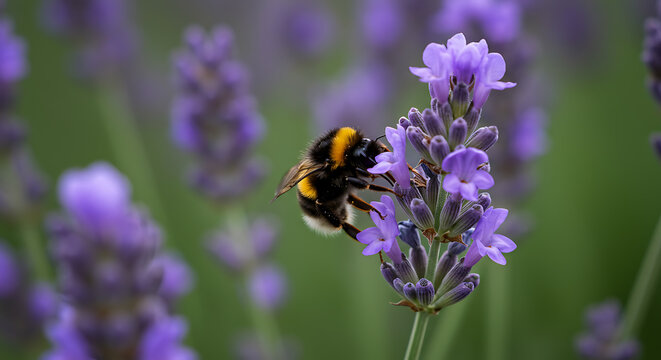 Close-up of a bumblebee pollinating a beautiful purple lavender spike in a lush garden during summertime - Powered by Adobe