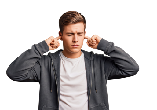 Young man covering ears unable to hear expressing frustration and annoyance isolated on transparent background