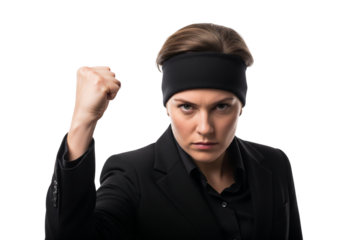 Determined Woman Warrior with Fist Raised Ready for Battle Isolated on Transparent Background