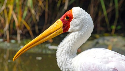 Fototapeta premium Close-up of a vibrant white bird with a striking yellow beak and red facial features, showcasing details of its plumage and posture.