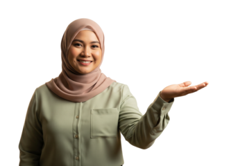Smiling Muslim Woman Wearing Hijab Presenting Open Palm Isolated on Transparent Background Ready to Showcase