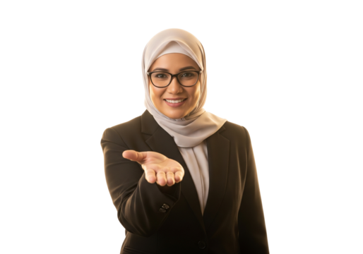 Smiling businesswoman in hijab offers outstretched hand for a gesture isolated on transparent background