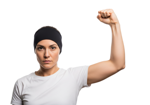 Strong woman flexing bicep showing power and determination isolated on transparent background - Powered by Adobe