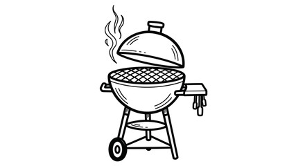 Hand-drawn illustration of a smoking charcoal barbecue grill with lid open.