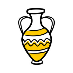 Illustration of a white and yellow vase with handles and black outline on a white background design