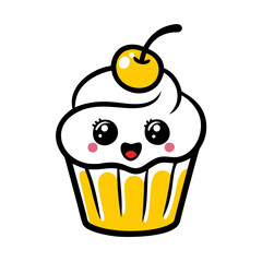 Illustration of a kawaii cupcake with white frosting yellow base and cherry on top with a happy face