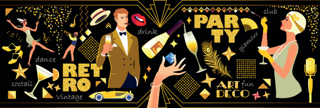 Bold retro party illustration with vibrant dancing couples, jazzman, vintage car, lips, cocktails, diamonds and glittering stars. Perfect for event poster and retro designs. Handmade drawing vector.