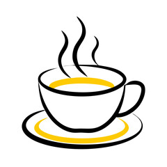 A steaming cup of tea or coffee on a saucer with black outlines and yellow liquid and steam rising up