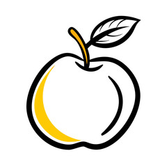 Illustration of a stylized apple with a leaf and stem outlined in black and accented with yellow color