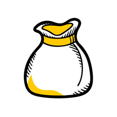 Illustration of a tied sack with yellow accents and black outline on a white background drawing style