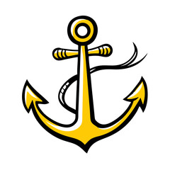 A stylized yellow and black anchor with a rope detail on a white background illustration vector art