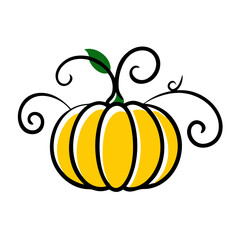 Stylized yellow pumpkin with black outline and decorative swirls and a green leaf on a white background