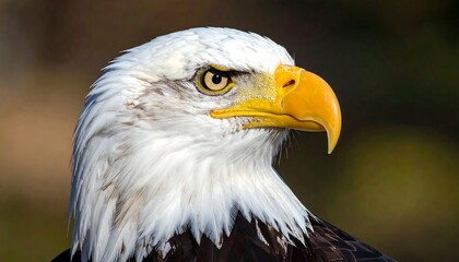 Fototapeta premium Close-up profile view of a magnificent bald eagle, showcasing its striking white plumage, intense gaze, and vibrant yellow beak against a blurred natural backdrop.