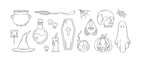 Halloween hand drawn set different elements for design. Pumpkin, ghost, skull, witch, cauldron, witch's broom, hat, poison bottle, spider web, eye, candle, coffin, candy. Vector line illustration
