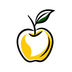 Stylized golden apple with black outline and a single green leaf on a white background illustration