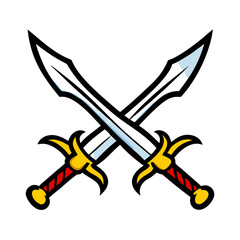Two cartoon swords crossed with gold handles and red grips displayed on a white background image art