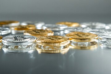 Collection of shiny cryptocurrency coins stacked on a reflective surface with soft light enhancing their metallic features