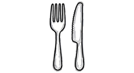 Hand-drawn illustration of a fork and knife classic cutlery set.