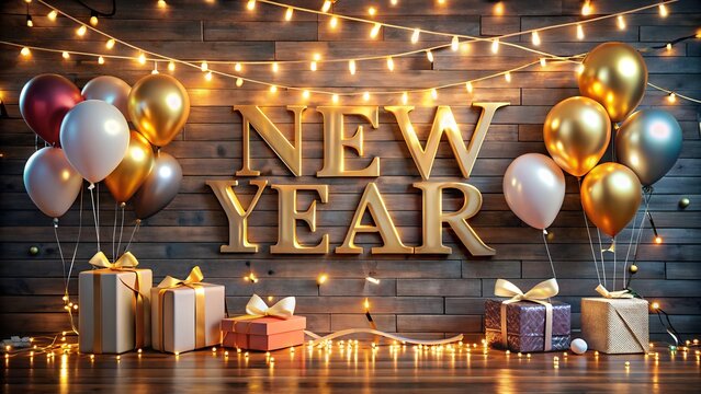 New years eve celebration setup with golden balloons, wrapped gifts, and twinkling fairy lights against a rustic wooden wall, evoking a sense of anticipation and festivity