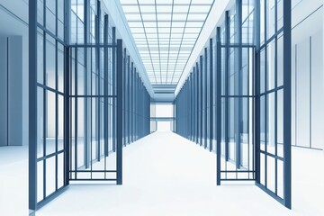 Modern architectural hallway with large glass walls and open space during daylight