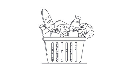 Line Drawing of Grocery Basket with Food Items.