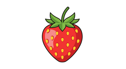 Vibrant red cartoon strawberry illustration with a green leafy top and yellow seeds.