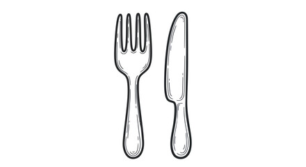 Hand-drawn Black Outline Fork and Knife Dining Utensils Illustration.