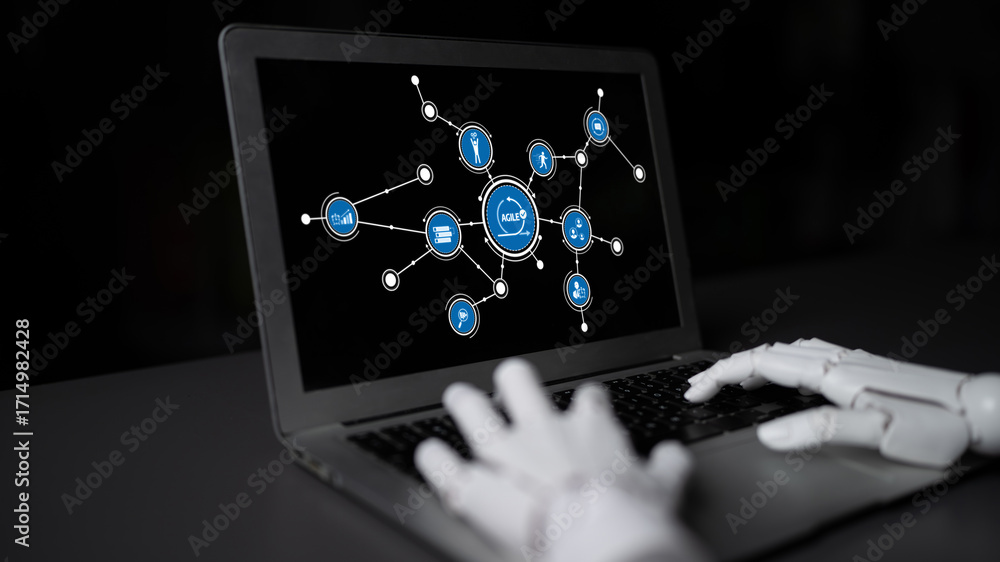 Poster a futuristic robot hand interacts with a digital interface on a laptop screen, symbolizing advanced 