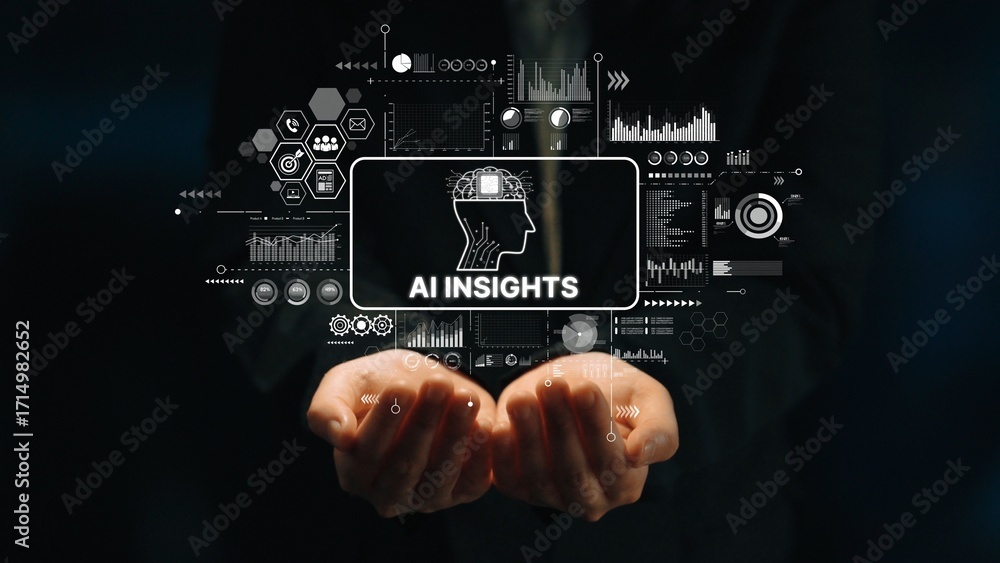 Poster business professional presenting ai insights data visualization with futuristic graphics and analyti
