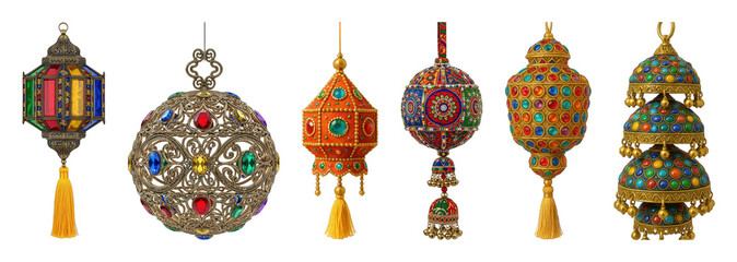 Ornate decorative lantern set including unique metalwork, jeweled, and colorful textile styles isolated. Festive cultural decor collection.