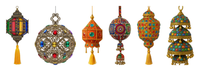 Ornate decorative lantern set including unique metalwork, jeweled, and colorful textile styles isolated. Festive cultural decor collection.