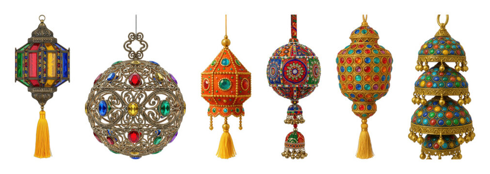 Ornate decorative lantern set including unique metalwork, jeweled, and colorful textile styles isolated. Festive cultural decor collection.
