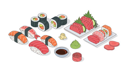 Isometric Vector Illustration of Various Japanese Sushi and Sashimi Dishes with Condiments.