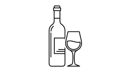 Simple Line Art Illustration of Wine Bottle and Glass.
