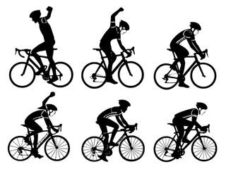 “Graphic cycling silhouettes: riders sprinting, climbing, and celebrating, helmets visible, arranged as a set of sixteen poses, solid black shapes, flat illustrative design.”