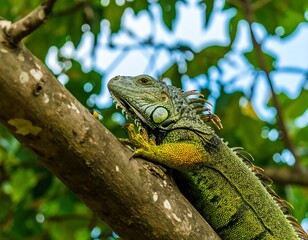 Green iguana on a tree branch