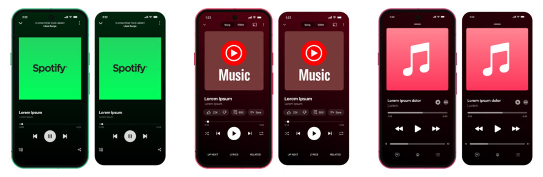 Spotify, YouTube Music and Apple Music mobile app UI mockup showing music player screens, playlist design and streaming interface for modern smartphone
