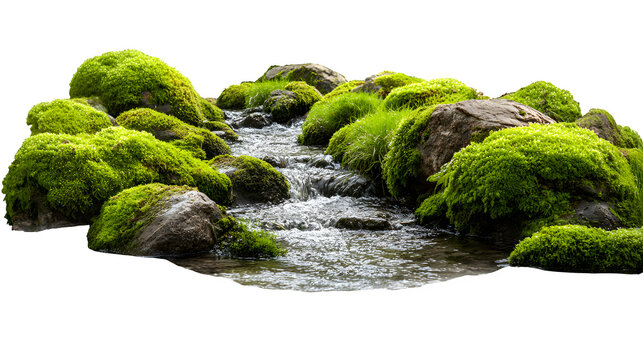 Mossy stream rocks isolated on white background