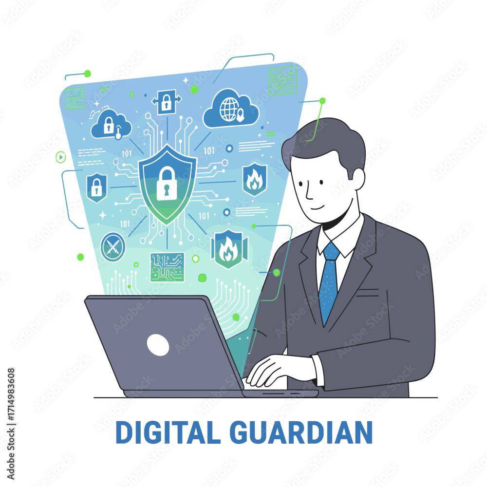 Aufkleber concept of cyber security data protection: a professional uses a laptop with a virtual shield, illus