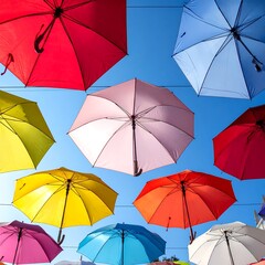 Colorful umbrellas hanging in the sky