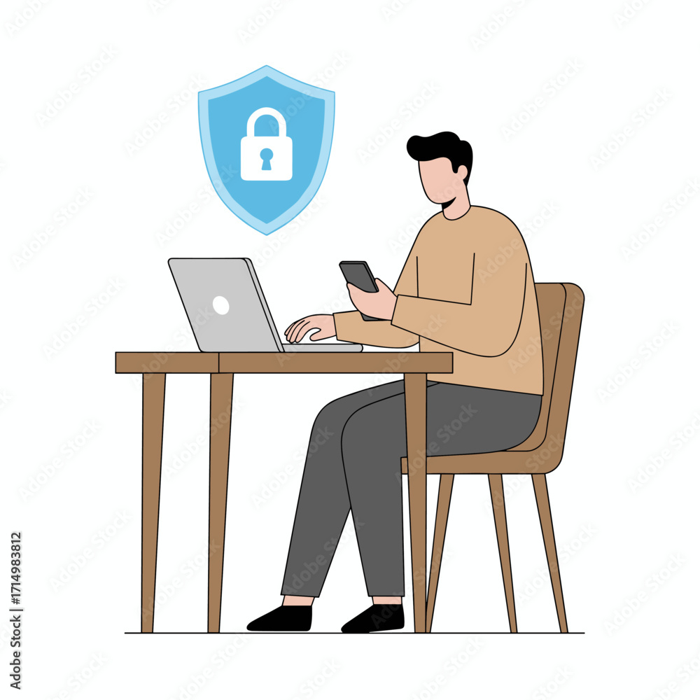 Poster data protection through cybersecurity and privacy principles, featuring lock icons and internet netw