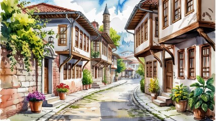 Obraz premium Traditional Turkish Street with Ottoman Houses 